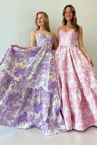 Vestidos largos de fiesta con escote corazón y corte en A y estampado floral