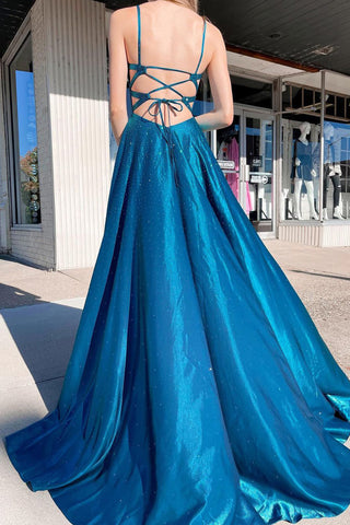 A Line Spaghetti Straps Peacock Blue Long Prom Dress with Split Front