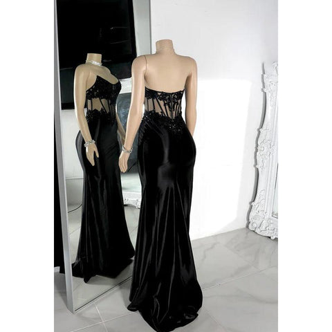 Vestido de noche sexy y atractivo con escote redondo, sin mangas, apliques y abertura lateral para fiesta y graduación