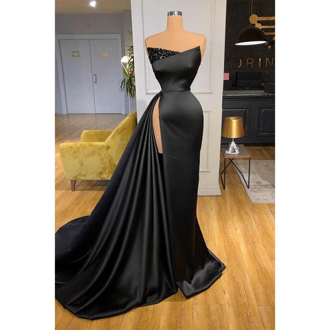 Vestido de noche formal negro sexy con escote en V y cuentas y abertura lateral 