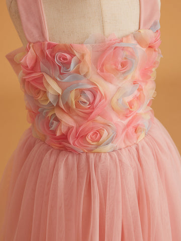 Enchanted Garden Girl Baby Toddler 3D Flower Embellishment Floral Applique Tulle Bow Dress