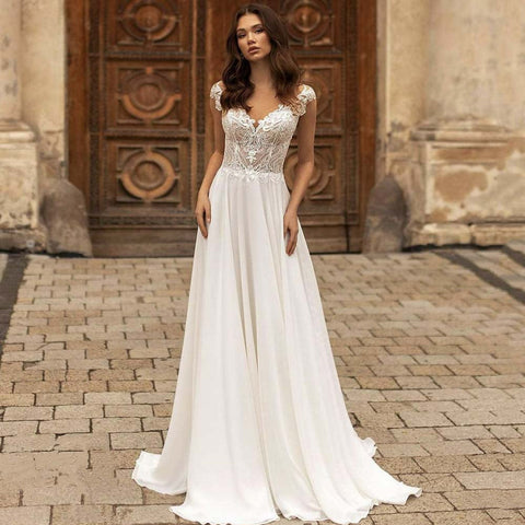 #001 Modern V-Neck Wedding Dresses Lace Appliques Chiffon Backless Boho A-Line Bride Gown Backless Sweep Train Vestido de novia