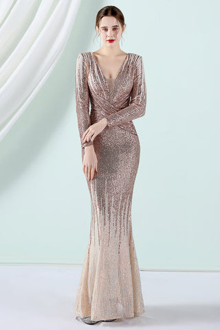 Golden Sequined Long Sleeves Evening Dress