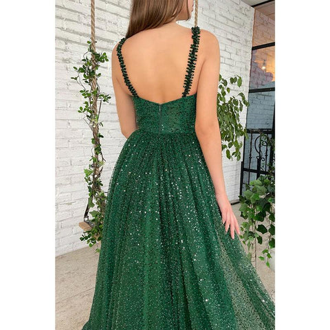 Robe de bal longue verte scintillante à bretelles spaghetti et paillettes avec poches pour femme 