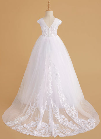 A-line Lace Tulle Sweep Train Pink Flower Girl Dress