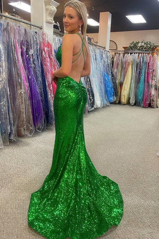 Robe de bal longue sirène à sequins verts dos nu