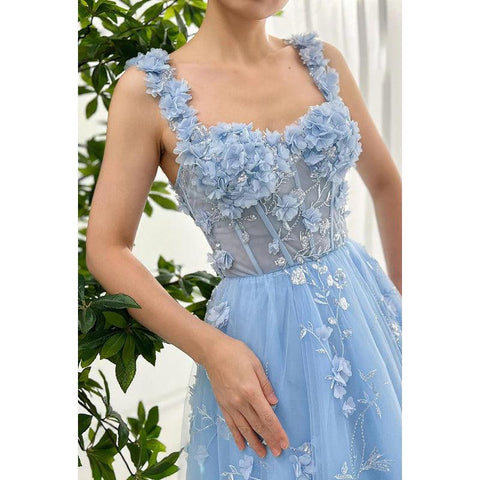 Vestido de fiesta formal glamuroso y dramático con tirantes cuadrados, corte A, apliques de tul y flores
