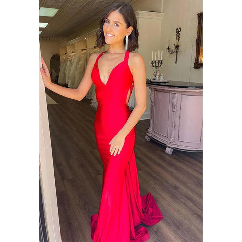 Vestido de fiesta de noche con escote en V, espalda cruzada y tirantes de sirena, sexy y atractivo