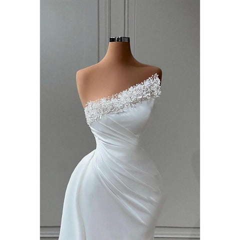 Vestido de fiesta de noche, de novia, con pliegues y cuentas, sin tirantes