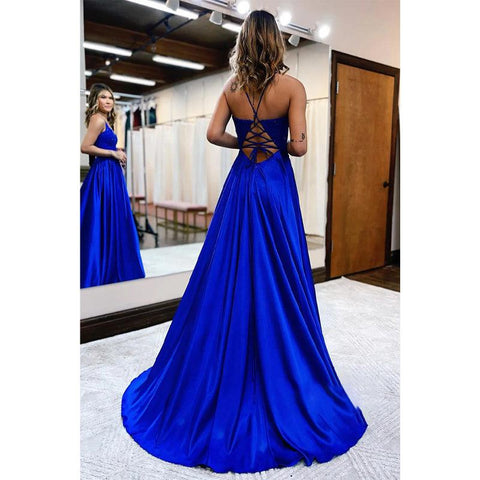 Vestido de fiesta largo de corte A con tirantes finos, apliques de encaje y abertura