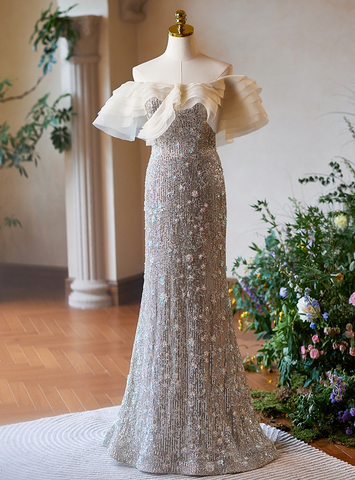 Vestido de fiesta de lujo plateado con lentejuelas y pedrería estilo sirena, vestido de noche formal Y7614