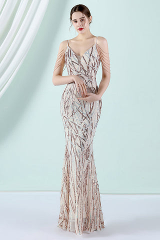 Golden Spaghetti Straps Prom Dress