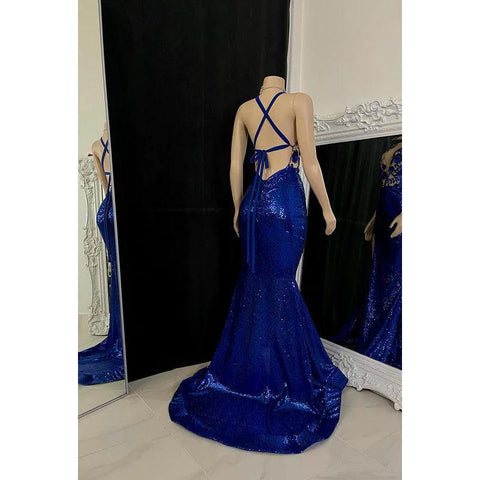 Vestido de fiesta tubo/columna con escote en V, apliques de lentejuelas, espalda descubierta y sin mangas