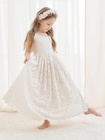 A-line Lace Ankle-length Ivory Boho Flower Girl Dress