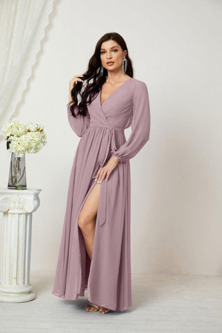Sunnderly Evening Dresses Deep V-Neck Chiffon Bridesmaid Dresses Long Bishop Sleeve Side Split Formal Dress SY2806