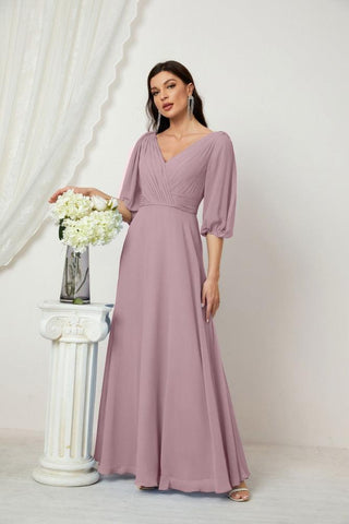Baoleely  Formal Prom Gown Women V-Neck Chiffon Bridesmaid Dresses Long Bishop Sleeve Party Dress 2807