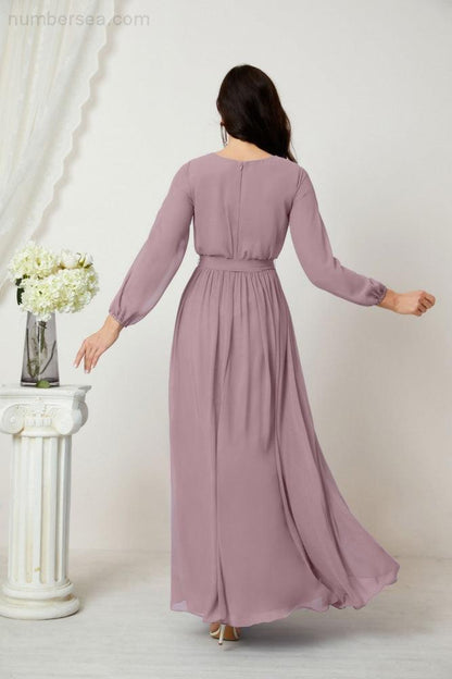 Numbersea Evening Dresses Deep V-Neck Chiffon Bridesmaid Dresses Long Bishop Sleeve Side Split Formal Dress 2806