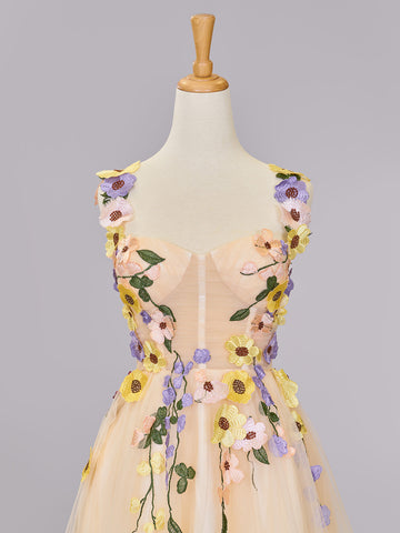 A line Tulle Homecoming Dress with 3D Flowers