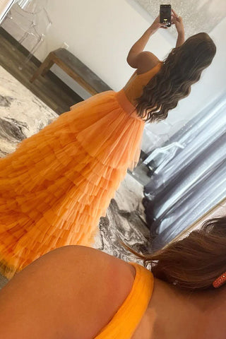 Vestido largo de fiesta de tul naranja con escote en V y corte en A