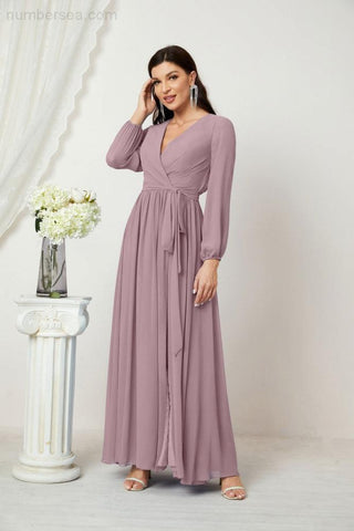 Sunnderly Evening Dresses Deep V-Neck Chiffon Bridesmaid Dresses Long Bishop Sleeve Side Split Formal Dress SY2806