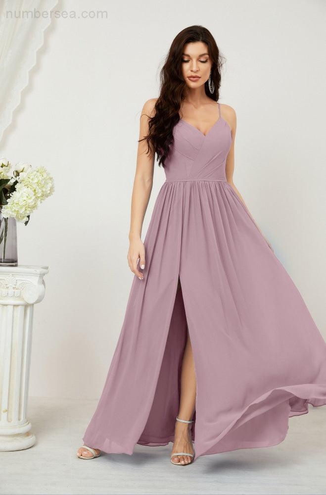 Numbersea  Neck Bridesmaid Dresses Chiffon Long Spaghetti A-line Formal Prom Gown for Wedding Party Evening 2801