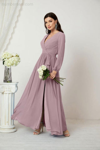 Sunnderly Evening Dresses Deep V-Neck Chiffon Bridesmaid Dresses Long Bishop Sleeve Side Split Formal Dress SY2806