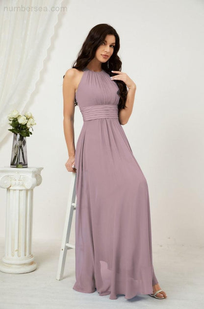 Numbersea Formal Party Gown Dress Chiffon Halter Long Sleeveless Bridesmaid Dresses 2802