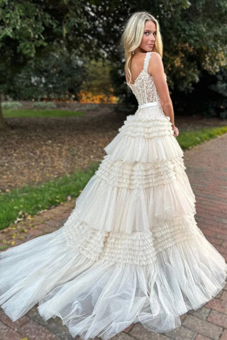 A Line Off the Shoulder Light Pink Long Prom Dress with Ruffles