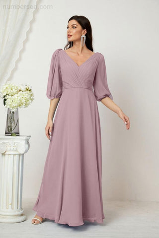 Baoleely  Formal Prom Gown Women V-Neck Chiffon Bridesmaid Dresses Long Bishop Sleeve Party Dress 2807