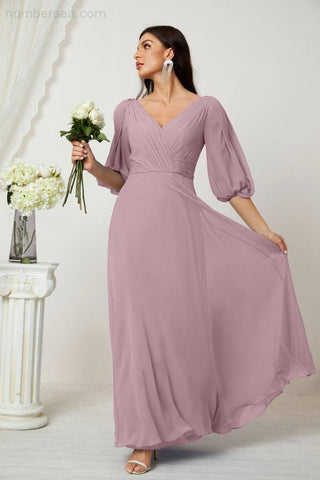 Baoleely  Formal Prom Gown Women V-Neck Chiffon Bridesmaid Dresses Long Bishop Sleeve Party Dress 2807