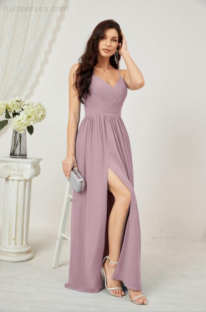 Numbersea  Neck Bridesmaid Dresses Chiffon Long Spaghetti A-line Formal Prom Gown for Wedding Party Evening 2801