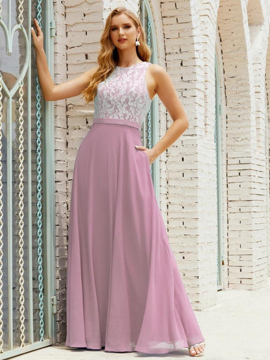 Lace Bridesmaid Dress Floor Length Evening Gowns with Pockets 28017