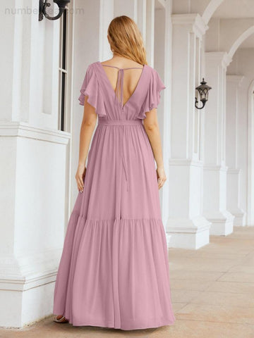 Baoleely Women's Open Back Formal Evening Party Prom Gowns V-Neck Long Chiffon Bridesmaid Dresses with Waist Belt 28038