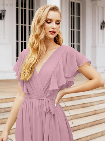 Baoleely Women's Open Back Formal Evening Party Prom Gowns V-Neck Long Chiffon Bridesmaid Dresses with Waist Belt 28038