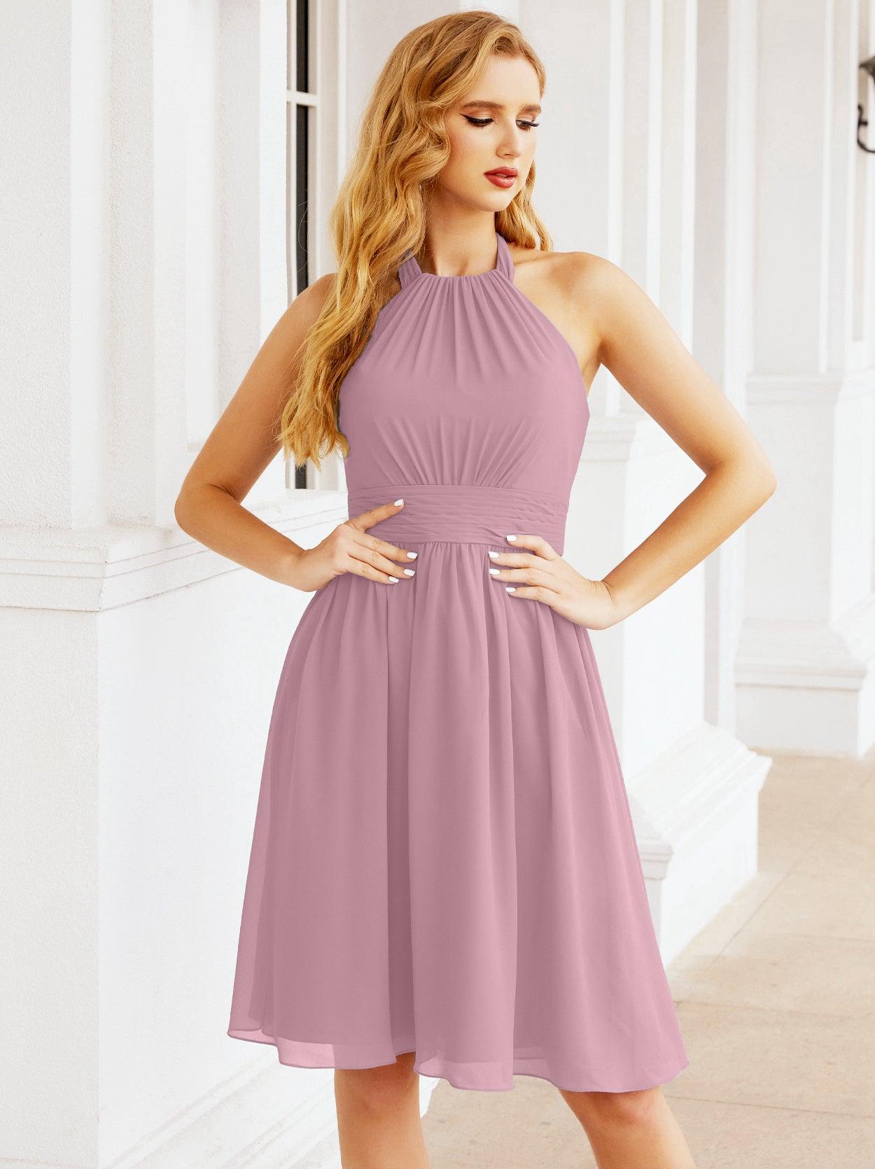 Numbersea Halter Chiffon Bridesmaid Dresses Short Sleeveless Formal Party Dress Open Back 28023