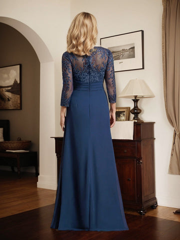 Sheath/Column V-Neck Illusion Floor-Length Lace Chiffon Mother of the Bride Dress With Pleated Sequins