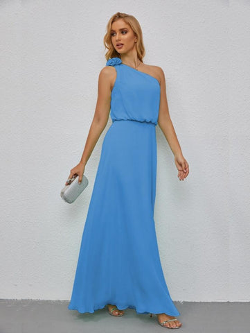 Robe de demoiselle d'honneur longue sans manches à volants et à une épaule, coupe trapèze, robe de soirée formelle fendue sur le côté 28080 