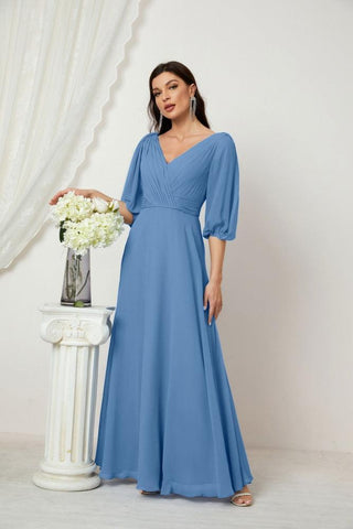 Baoleely  Formal Prom Gown Women V-Neck Chiffon Bridesmaid Dresses Long Bishop Sleeve Party Dress 2807
