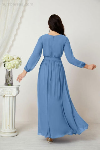 Sunnderly Evening Dresses Deep V-Neck Chiffon Bridesmaid Dresses Long Bishop Sleeve Side Split Formal Dress SY2806