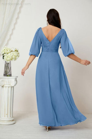 Baoleely  Formal Prom Gown Women V-Neck Chiffon Bridesmaid Dresses Long Bishop Sleeve Party Dress 2807