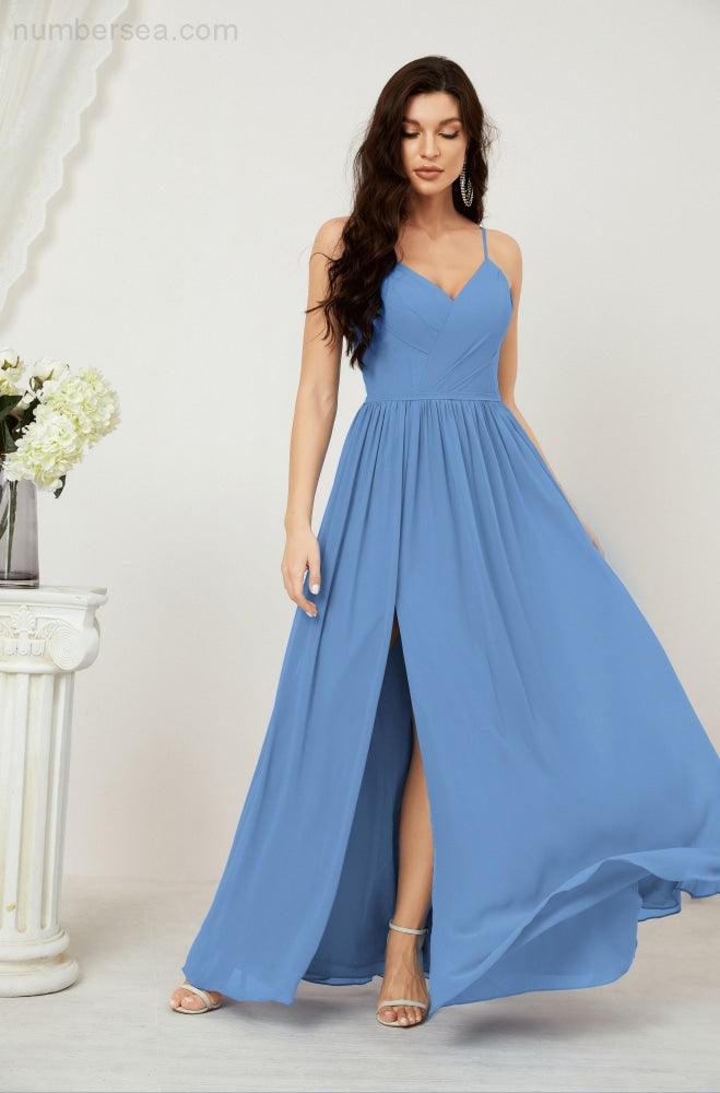 Numbersea  Neck Bridesmaid Dresses Chiffon Long Spaghetti A-line Formal Prom Gown for Wedding Party Evening 2801