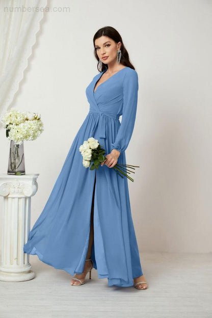 Numbersea Evening Dresses Deep V-Neck Chiffon Bridesmaid Dresses Long Bishop Sleeve Side Split Formal Dress 2806