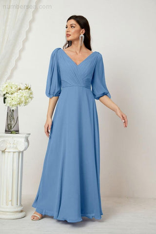 Baoleely  Formal Prom Gown Women V-Neck Chiffon Bridesmaid Dresses Long Bishop Sleeve Party Dress 2807