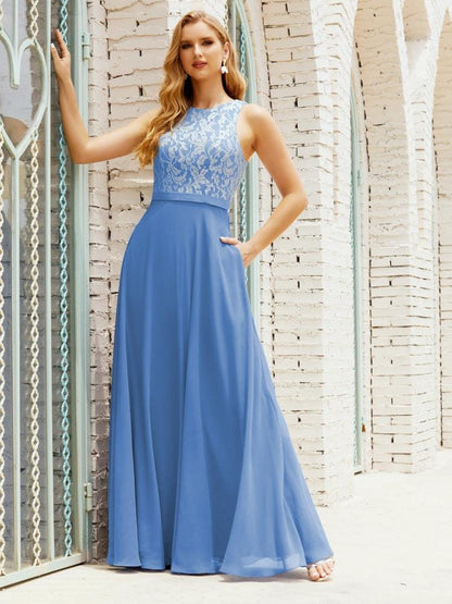 Lace Bridesmaid Dress Floor Length Evening Gowns with Pockets 28017