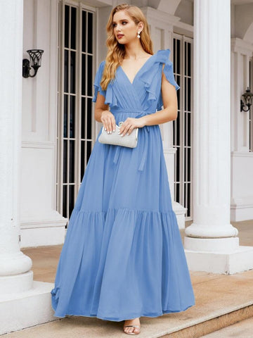 Baoleely Women's Open Back Formal Evening Party Prom Gowns V-Neck Long Chiffon Bridesmaid Dresses with Waist Belt 28038