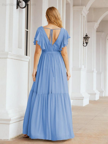 Baoleely Women's Open Back Formal Evening Party Prom Gowns V-Neck Long Chiffon Bridesmaid Dresses with Waist Belt 28038