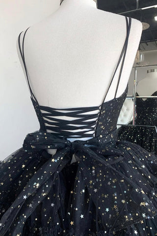 A Line Spaghetti Straps Tiered Tulle High Low Prom Dress