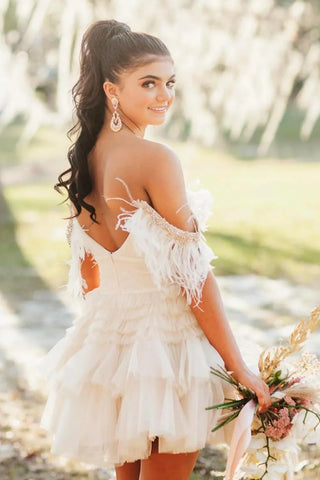Cold Shoulder A-Line Tulle Tiered Short Homecoming Dress with Feather