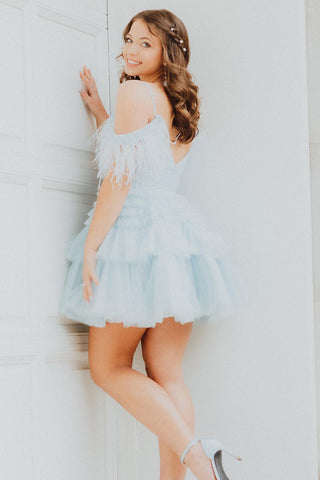 Cold Shoulder A-Line Tulle Tiered Short Homecoming Dress with Feather