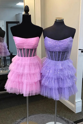Strapless Tulle A Line Tiered Corset Homecoming Dress with Sequins